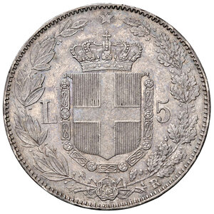 reverse: Savoia. Umberto I re d’Italia (1878-1900). Da 5 lire 1879 AG. Pagani 590. MIR 1100. Bella patina di medagliere, q.SPL