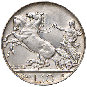 reverse: Savoia. Vittorio Emanuele III re d’Italia (1900-1946). Da 10 lire 1926 (una rosetta) AG. Pagani 691. MIR 1132a. q.FDC