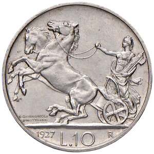 reverse: Savoia. Vittorio Emanuele III re d’Italia (1900-1946). Da 10 lire 1927 (una rosetta) AG. Pagani 692. MIR 1132c. Non comune. SPL