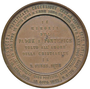 reverse: Roma. Pio IX (1846-1878). Medaglia postuma 1878 AE gr. 60,20 diam. 51 mm. Opus Giovanni Vagnetti. Coniata a Firenze. In memoria del pontefice. q.FDC