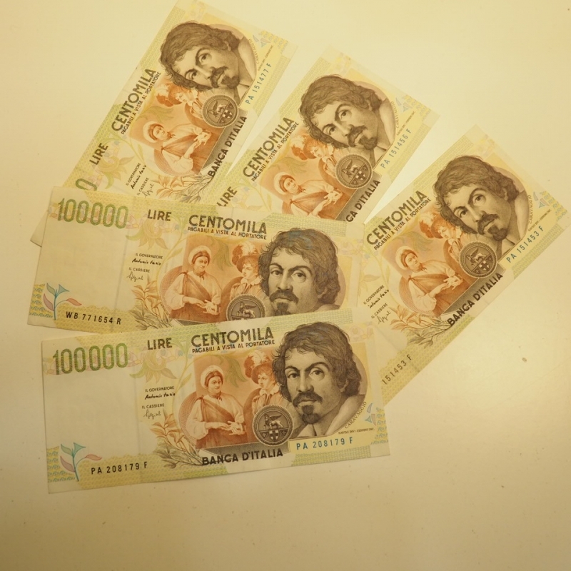 obverse: lotto - banconote - 5 pezzi da 100.000 lire Caravaggio del II tipo - OTTIMA CONSERVAZIONE