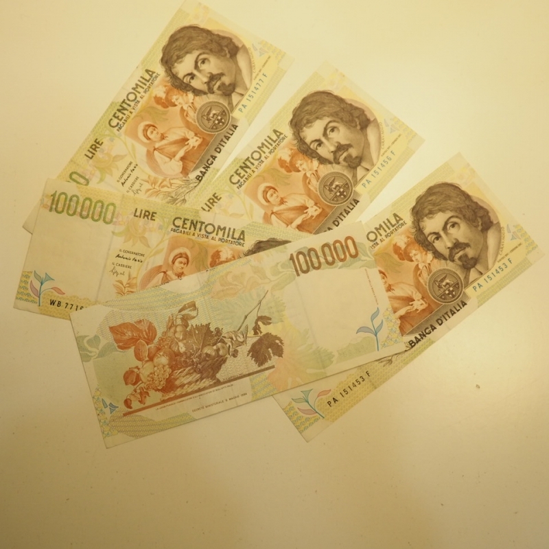 reverse: lotto - banconote - 5 pezzi da 100.000 lire Caravaggio del II tipo - OTTIMA CONSERVAZIONE