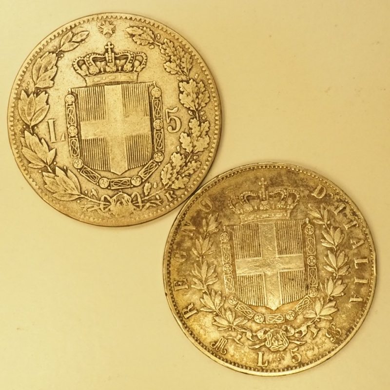reverse: REGNO D ITALIA - Coppia di Due Scudi da 5 Lire 1879 non comune e 1870
