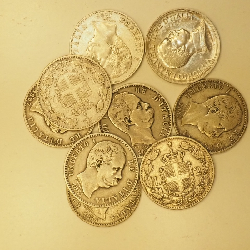 obverse: REGNO D ITALIA - Lotto di 9 pezzi da 2 lire in argento date Varie