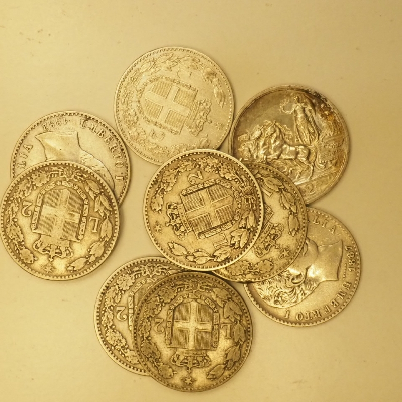 reverse: REGNO D ITALIA - Lotto di 9 pezzi da 2 lire in argento date Varie