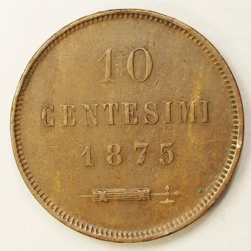 reverse: SAN MARINO - VECCHIA MONETAZIONE - 10 CENTESIMI 1875