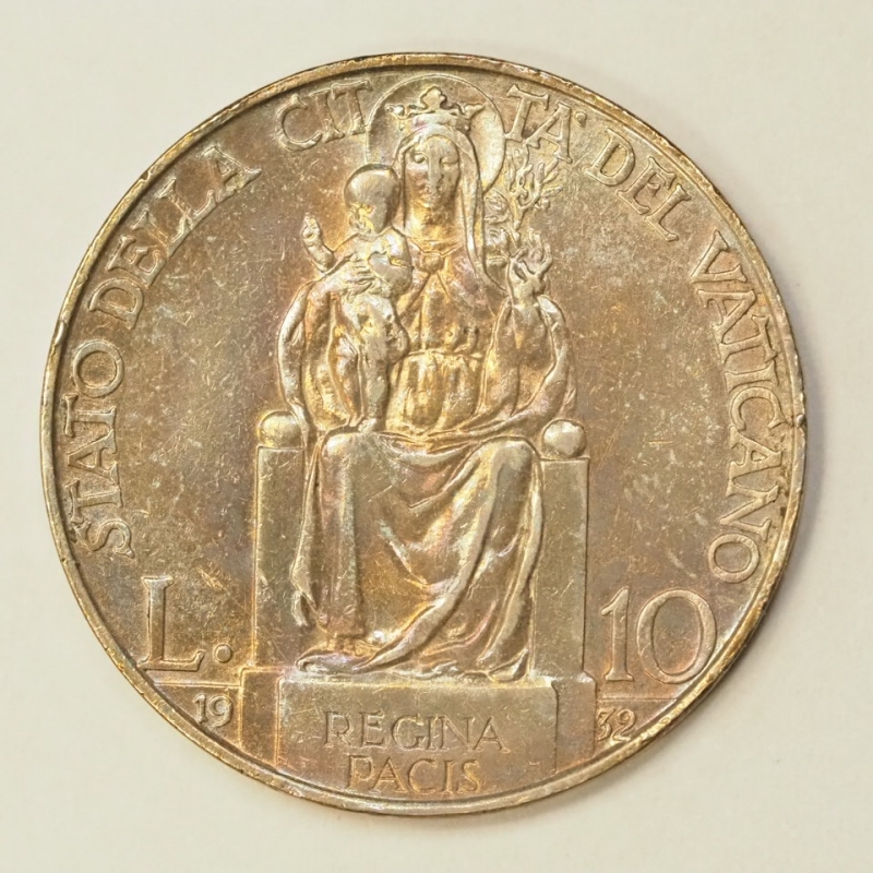 reverse: Vaticano - Pio XI (1929-1938) 10 Lire in Argento 1932 XI Con Cartellino descrittivo anni  60