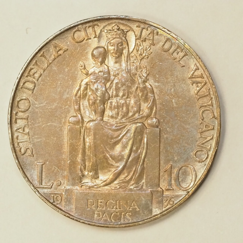 reverse: Vaticano - Pio XI (1929-1938) 10 Lire in Argento 1936 XV Con Cartellino descrittivo anni  60