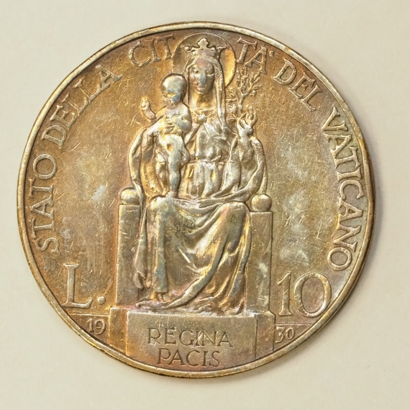 reverse: Vaticano - Pio XI (1929-1938) 10 Lire in Argento 1930 IX Con Cartellino descrittivo anni  60
