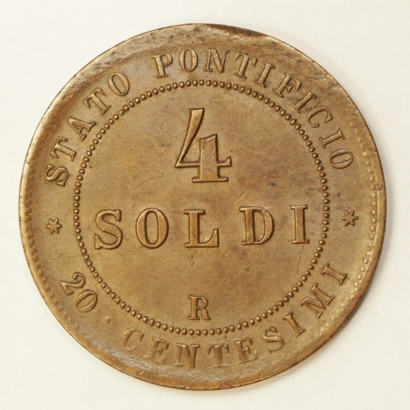 obverse: Stato Pontificio - Pio IX - 4 soldi 1868 anno XXII Con Cartellino di Classificazione anni  60
