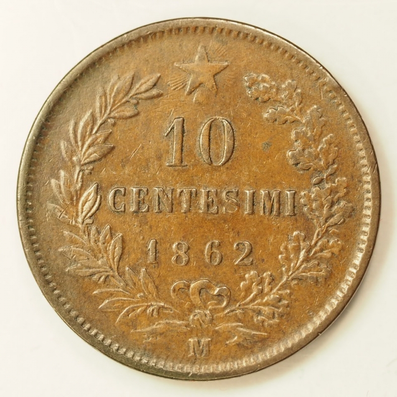 reverse: REGNO D ITALIA - VITT-EM-II --10 centesimi 1862 m - conservazione bb