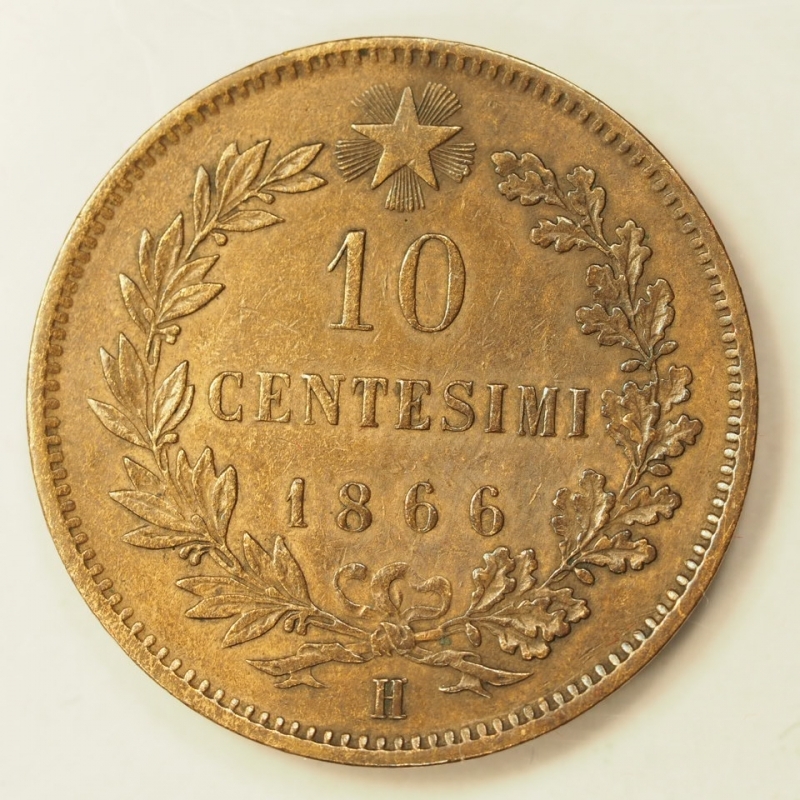 reverse: REGNO D ITALIA - VITT-EM-II - -10 centesimi 1866 H - conservazione bb