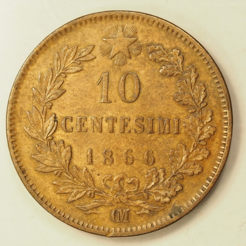 reverse: REGNO D ITALIA - VITT-EM-II -10 centesimi 1866 OM - PARIGI - NON COMUNE - BB+