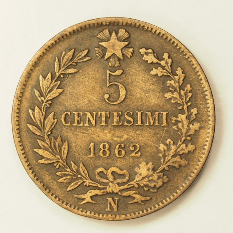 reverse: REGNO D ITALIA - VITT-EM-II -CURIOSIT - 5 centesimi 1862 N - 