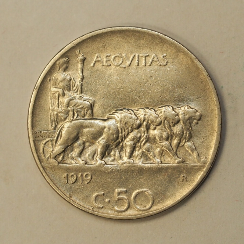 obverse: REGNO D ITALIA - VITT.EM.III - 50 centesimi leoni bordo liscio 1919 Non Comune Conservazione bb+