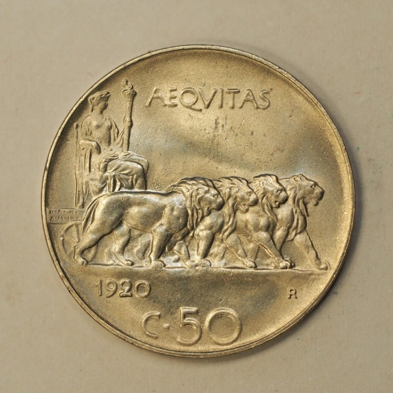 obverse: REGNO D ITALIA - VITT.EM.III - 50 centesimi leoni bordo liscio 1920 Conservazione Qfdc