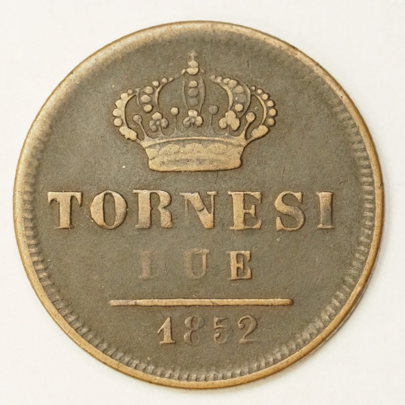 reverse: PREUNITARIE -REGNO DELLE DUE SICILIE - 2 TORNESI 1852 GIG.256