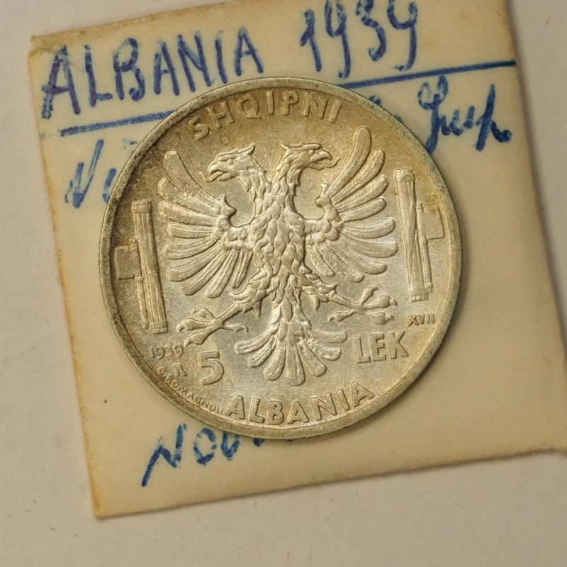 reverse: ALBANIA - VITT.EM.III - 5 Lek Argento 1939 XVII Zecca Roma SPL+