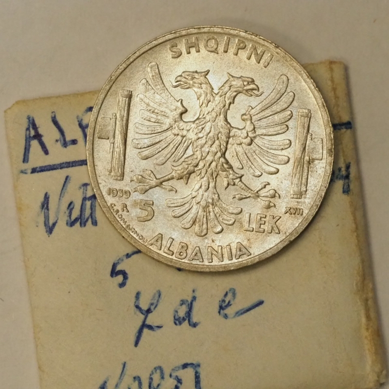 reverse: ALBANIA - VITT.EM.III - 5 Lek Argento 1939 XVII Zecca Roma QFDC