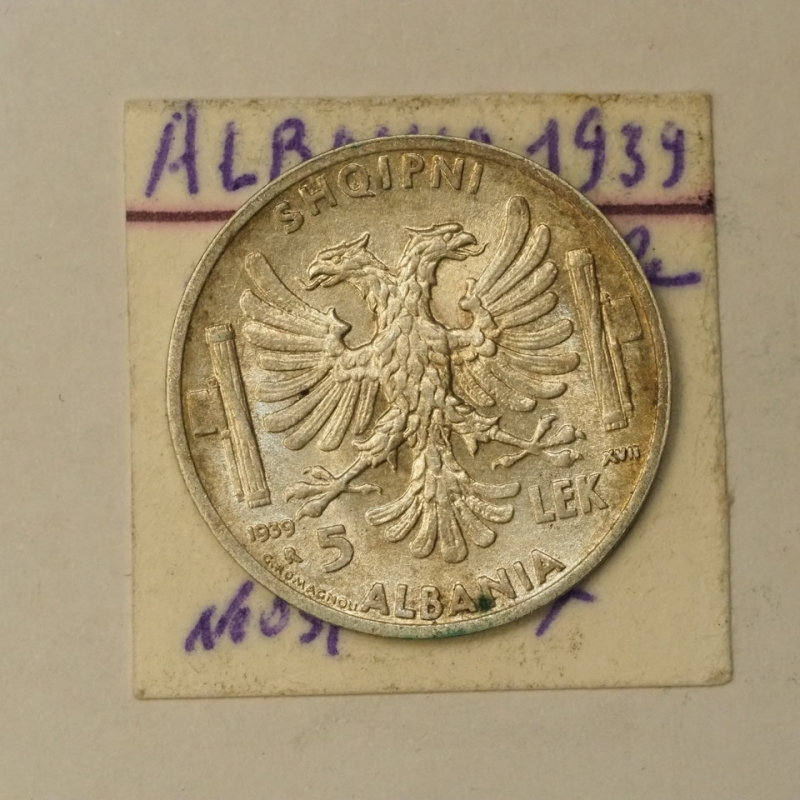 reverse: ALBANIA - VITT.EM.III - 5 Lek Argento 1939 XVII Zecca Roma