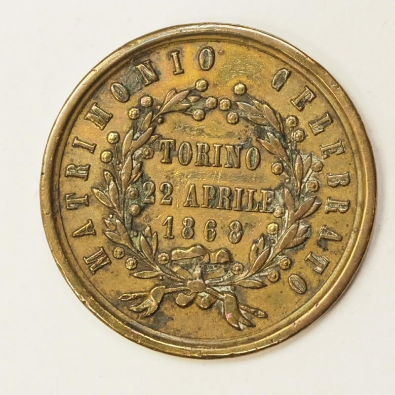 reverse: MEDAGLIA - Matrimonio celebrato Torino 2 aprile 1868 Umberto di Savoia e Margherita di Genova - 30mm diametro,11.32 grammi di Peso - Molto Lucidata in epoca non Recente