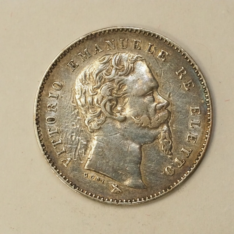 obverse: PREUNITARIE - VITT.EM.II - RE ELETTO - 1859/1861 - 1 lira argento 1860 Firenze MANO CON SCETTRO Comune 