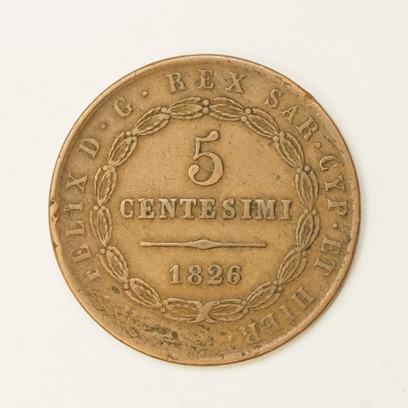 reverse: PREUNITARIE - RE ELETTO - VITT.EM.II - CASA SAVOIA - 5 CENTESIMI RARO 1826 BOLOGNA CONIATO NEL 1860