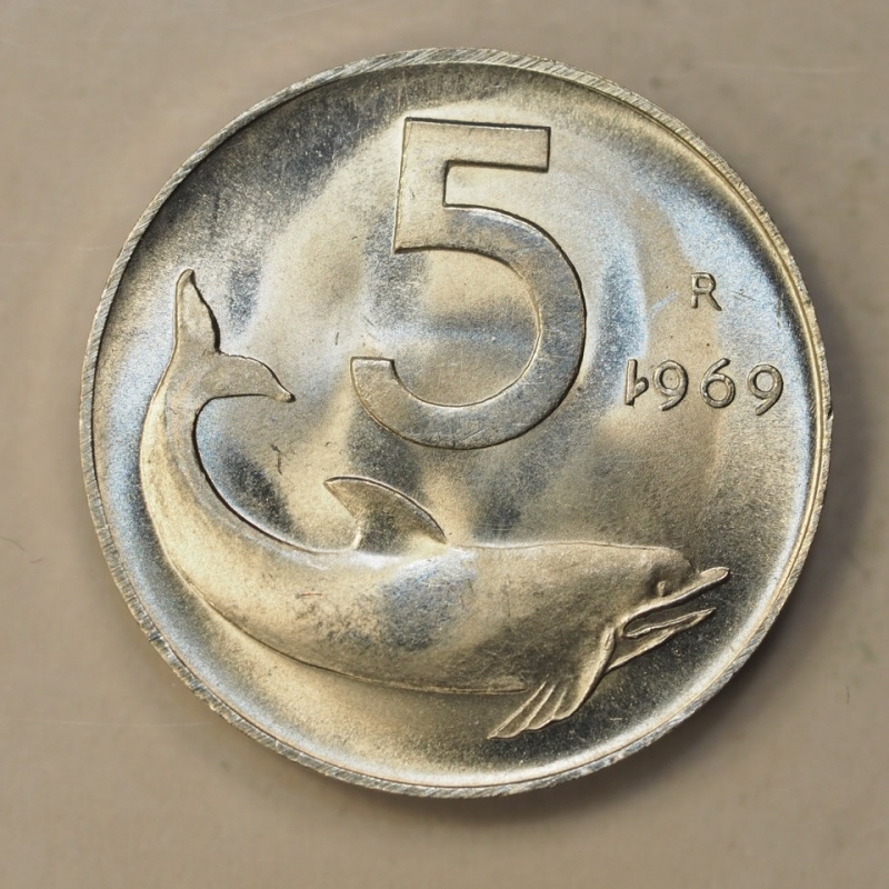 obverse: REPUBBLICA ITALIANA - 5 lire 1969 