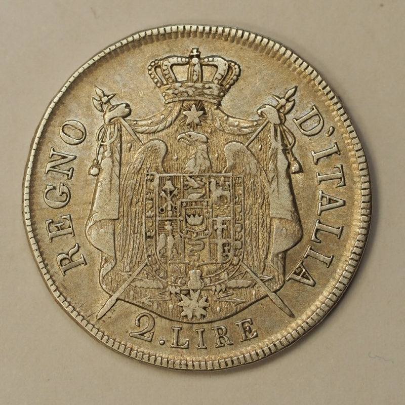 reverse: NAPOLEONE I RE D ITALIA - (1805-1814) - 2 lire 1807 M I tipo bb+/qspl RARO solo 10.145 coniate