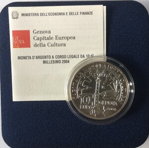 reverse: Repubblica Italiana. 10 Euro 2004. Genova capitale della cultura. Ag. 