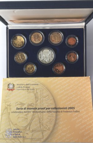 obverse: Repubblica Italiana. Serie divisionale 2005. Federico Fellini. 9 Valori. Metalli vari. Con moneta da 5 euro in Ag. 