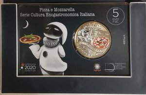 reverse: Repubblica Italiana. 5 Euro 2020. Cu-Ni. Pizza e Mozzarella - Serie Cultura Enogastronomica Italiana. 