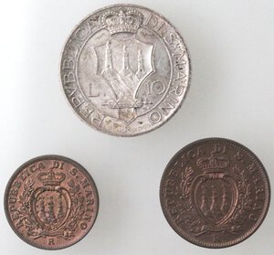 obverse: San Marino. Vecchia monetazione. 1864-1938. Lotto di 3 monete. 10 Lire 1933. 10 Centesimi 1938 e 5 Centesimi 1938. Ag-Ae.