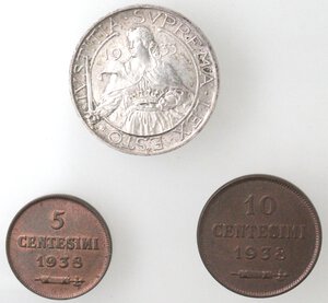 reverse: San Marino. Vecchia monetazione. 1864-1938. Lotto di 3 monete. 10 Lire 1933. 10 Centesimi 1938 e 5 Centesimi 1938. Ag-Ae.