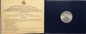 obverse: San Marino. 1000 lire 1978. 150° Anniversario della nascita di Tolstoj. Ag. 