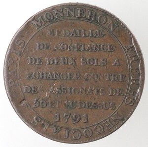 reverse: Francia. 1791-1793. Moneta-Medaglia da 2 Sols 1791. Ae.