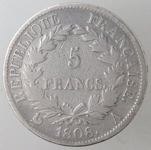 reverse: Francia. Napoleone. 1804-1814. 5 Franchi 1808 A. Ag.