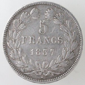 reverse: Francia. Luigi Filippo I. 1830-1848. 5 Franchi 1837 BB Strasburgo. Ag.