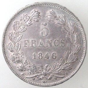 reverse: Francia. Luigi Filippo I. 1830-1848. 5 Franchi 1846 A Parigi. Ag.