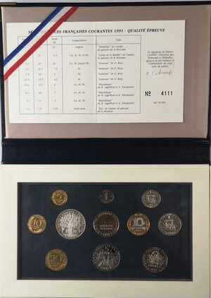 reverse: Francia. Serie Divisionale 1991. 10 Valori Nominali con 100 Franchi in Ag. In confezione originale.