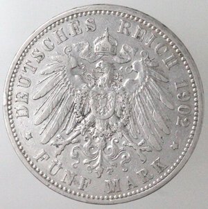 reverse: Germania Prussia. Guglielmo II. 1888-1918. 5 Marchi 1902 A. Ag.