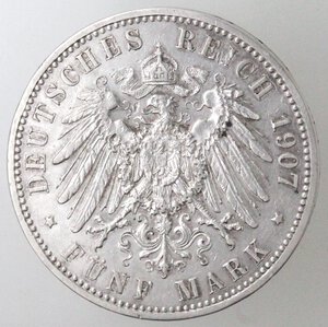 reverse: Germania Prussia. Guglielmo II. 1888-1918. 5 Marchi 1907 A. Ag.