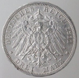 reverse: Germania. Federico II di Baden. 1907-1918. 3 Marchi 1911. Ag. 