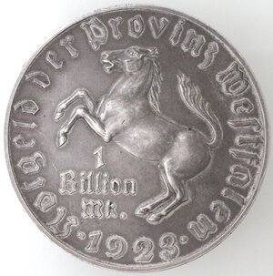reverse: Germania. Repubblica di Weimar. Moneta di necessità Provincia Westfalen. Freiherr vom Stein. 1 Billion Mark 1923. Freiherr vom Stein. Cu-Ni argentato. 