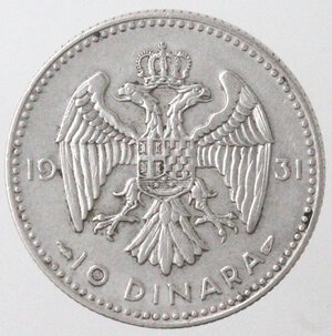reverse: Jugoslavia. Alessandro I. 1921-1934. 10 dinara 1931. Ag 500. 