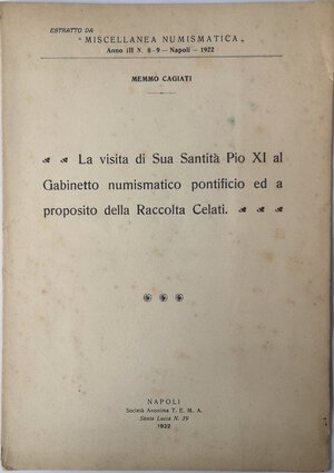 obverse: Libri. Miscellanea Numismatica. Memmo Cagiati. Anno III N. 8 e 9. Napoli 1922.