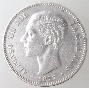 obverse: Spagna. Alfonso XII. 1874-1885. 5 pesetas 1877. Ag. 