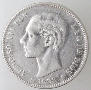 obverse: Spagna. Alfonso XII. 1874-1885. 5 pesetas 1878. Ag. 