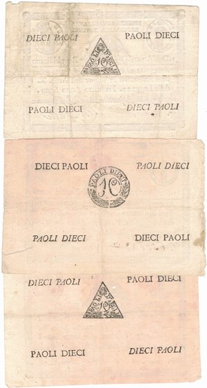 reverse: Banconote. Repubblica Romana. 1798-1799. Lotto di 3 Assegnati da 10 Paoli.