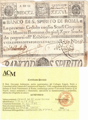 obverse: Banconote. Stato Pontificio. Banco di Santo Spirito. Cedola da 56 Scudi Romani. 1786. 